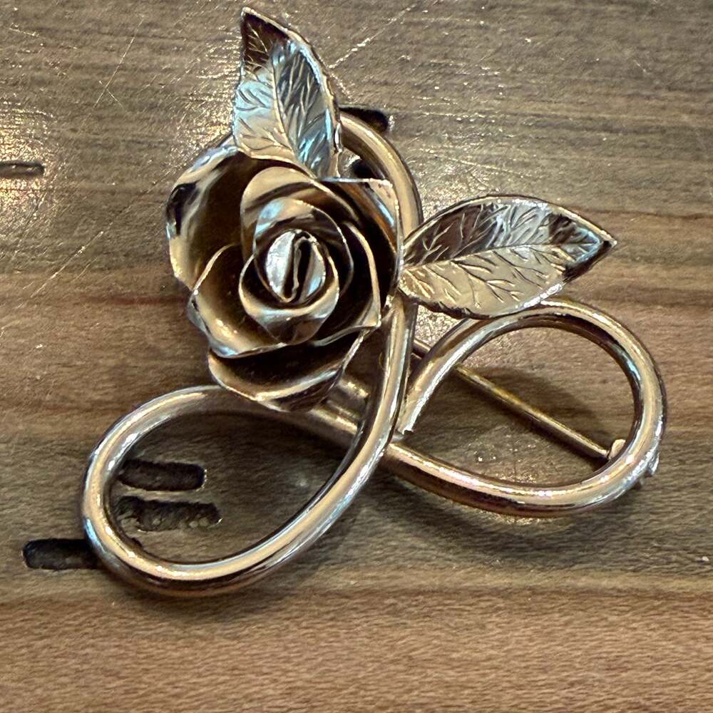 Vintage Rose Brooch Floral Pin Gold Tone Costume Jewelry MCM Retro Gift